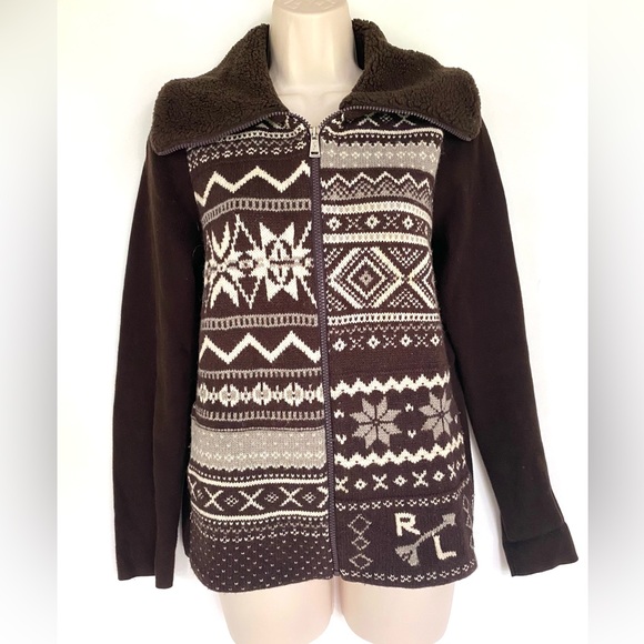 Lauren Ralph Lauren Southwest Wool Blend Faux Fur Sweater Jacket M Western Lodge - Picture 2 of 5